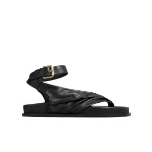 Summer Comfortable Women’s Round Toe Flip Flop Slippers Slide Beach Sandals Ankle Strap Black PU Flat Sandals for Women