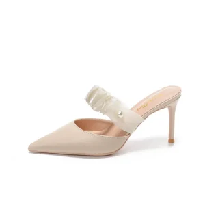 Summer Elegant High Heel Wedding Shoes for Women Thin Heel Pointed Toe Microfiber Fabrics French Fashion Half Mules