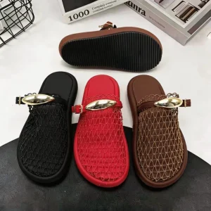 Summer Elegant Rubber Sole Thick Heel Wedges Sandals Mesh Hollow Toe Women Slippers