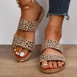 Summer European American Leopard Print Mules Women’s Plus Size Outer Wear Flat Sandals Pu Broadband Flat Slippers