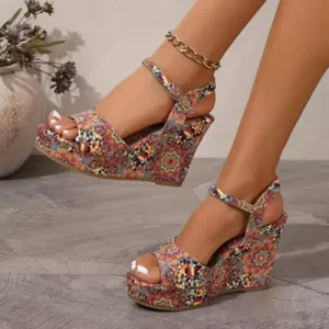 Summer European and American Fashion Lace-up Fish Mouth Open Toe Comfortable Outdoor Women’s Casual Slope Heel Sandals