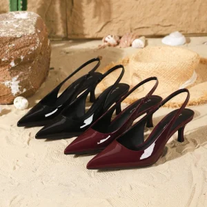 Summer Evergreen Sexy Women’s Shoes French Pointed Toe Stiletto Slingback Patent Leather Heels