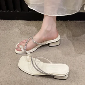 Summer Fairy Wind Coarse Heel Head Pearl Water Diamond Women’s Slippers Middle Heel Roman Slippers