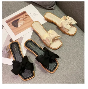 Summer Fashion Bowknot Design Peep Toe Flip Flops Lightweight Anti Slip Women’s Flat Sandals Slipper for Ladies
