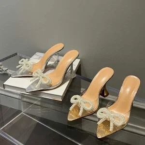 Summer Fashion Women’s High Heel Party Shoes Bow Tip Wine Cup Mules Cushioning Genuine Leather Lining PVC Upper