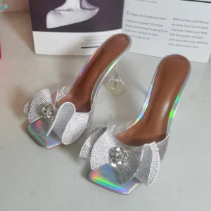 Summer Fashion Women’s Open Toe Slippers with Bowtie Crystal Mules Heeled Slides Dress Party Banquet Shoes