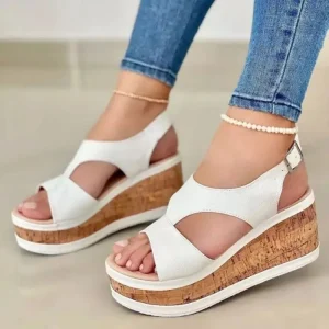 Summer Fashion Women’s Wedge High Heel Sandals Round Toe Black Platform Open Sandals