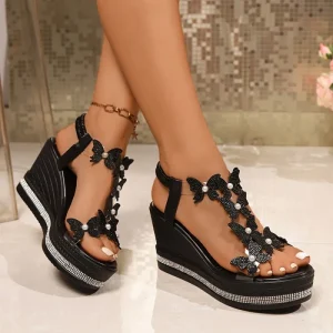 Summer Fashionable Women’s Decor Wedge Sandals Multi color Crystal Embellished Peep Toe Thick Sole Outdoor Shoes