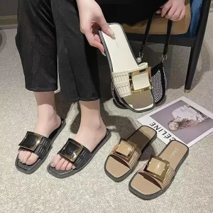 Summer Flats Women Square Buckle Slip ons Soft Bottom Non slip Outdoor Style Open Toe Flip flops Students