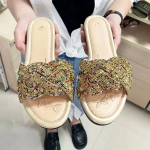 Summer Glod Slides Ladies Sandals Fashion PU Leather Outdoor Female Shoes Non Slip PVC Bottom Women’s Slippers