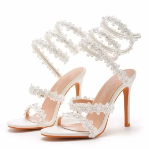 Summer High Heel White Wedding Shoes Bride Bead Lace-up Outdoor Super High Heel Toe PU Upper Height Increasing Luxury