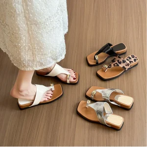 Summer Korean Style Women’s Slip-On Square Toe Flip-Flop Wedge Thong Sandals Non-Slip Thick-Soled Footwear
