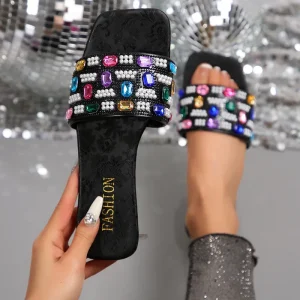 Summer Ladies Fashion Cross-Border Plus Size Colored Diamond Sandals Outdoor Wear Square Head Flat-Bottomed Slippers