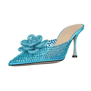 Summer Lady Shoes Pointed Toe Mules With Rhinestones Luxury Flower Women High Heels Pumps Large Size