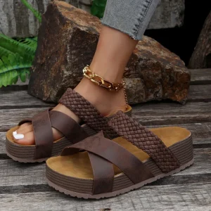 Summer Large Size European American Style Casual Women’s Flat Thick Sole One-Strap Cross Sandals Slippers