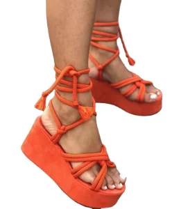 Summer Large Size Solid Color Strappy Round Toe Platform Wedge Sandals for Women