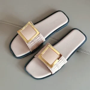 Summer Light Weight Hard Wearing Fashion Trend Square Buckle Soft Sole Non Slip Flat Women’s Slide Sandals