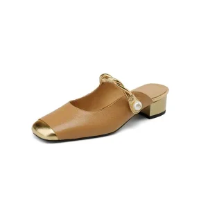 Summer Mules Slippers for Ladies New Style Mid Heels Women’s Sandals Fashion Square Toe Real Leather Slippers for Women