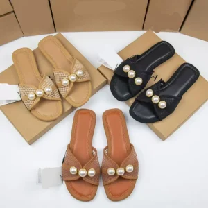 Summer Net Flat Slippers Outdoor Fashion Pearl Large Lightweight Non slip Beach Travel Flat Heel Women’s Sandals