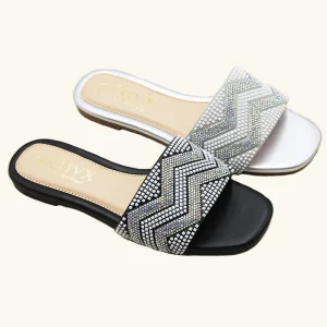 Summer New Arrival Square Head Open Toe Flat Slippers Women Styles Shining Rhinestone Femme Babouches Daily Women’s Sandals