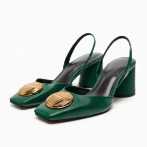 Summer New Arrival Women’s Black Goatskin Leather Mules Decorative Upholstered Square Toe Thick Heel Sandals