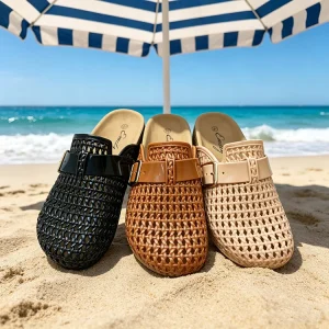Summer New Beach Vacation Style Women’s Sandals Round Toe Hollow Braided Buckle Slip On Flat Slippers