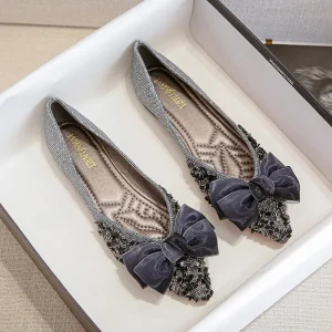 Summer New Bow Women’s Single Shoes Large Size Pointed Toe Ladies Flats Formal Shoes