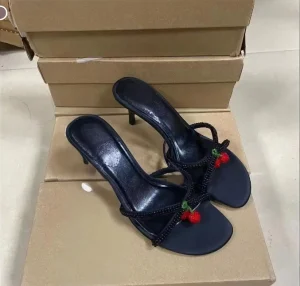 Summer New Fashion Flat Heel Women’s Shoes Beaded Cherry Pendant Black Round Head Rear Empty Solid Color