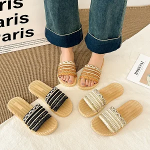 Summer New Faux Straw Flat Sandals Bohemian Style Lightweight Beach Slippers Women’s Seaside Comfortable Slippers
