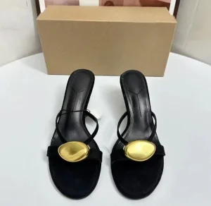 Summer New High Heel Women’s Shoes Toe One Strap Metal Buckle Superfine Fiber Upper European American Style Sandals