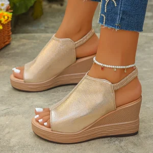 Summer New Korean Style Fashionable Fish Mouth Wedge Casual Large Size Women’s Slim PU Upper Elastic Band Closure Sandals