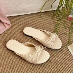 Summer New Lace Lace Bow Cool Dragging Gentle Wind Soft Bottom Wear One Line Slippers Women’s Sandals Women’s Shoes Shoes
