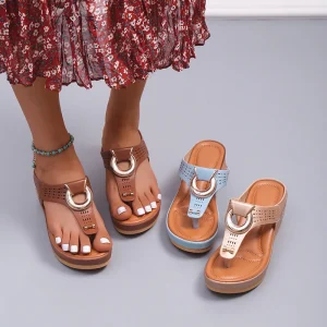Summer New Large Size Women’s European American Style Backless Herringbone Toe Clip Wedge Sandals