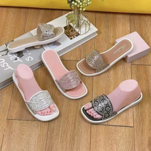 Summer New Non slip Open Toe Beach Flat Sandals Rhinestone Flat bottom Lightweight Leisure Women’s Sandals and slippers