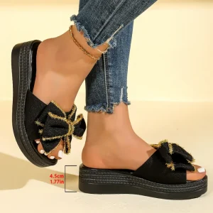 Summer New Plus Size Printed Fashion Trend Bow Cross Border Sandals Thick Soled Muffin Casual for 43