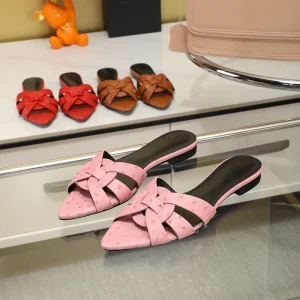 Summer New Pointed Toe Cowhide Upper Sheepskin Lining Cross Woven Women’s Multi-Color Fashion All-Match
