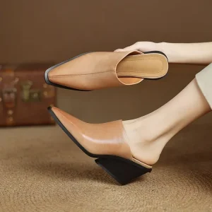 Summer New Style Mules Slippers for Women Elegant Wedges Ladies Slippers Vintage Real Leather High Heels Shoes Sizes 34 43