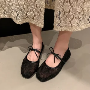 Summer New Style Women’s Shoes Fairy Style Semi-transparent Bean Shoes Sweet Flower Bowknot Flat Single Shoes Flats