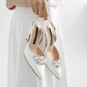 Summer New Style Women’s Slingback Backless Closed toe Stiletto Pointed Bridal Wedding Shoes High Heels Fashion White