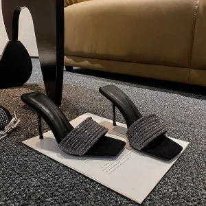 Summer New Style Women’s Square Toe Sandals Thin Stiletto Heels 9cm/6cm Rhinestones Mules Straps Superfine Fiber PU Upper