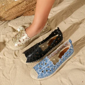 Summer New Women’s Casual Vacation Style Round Toe Sunflower Hollow Slip On Flat Loafers Comfortable Versatile Sandals