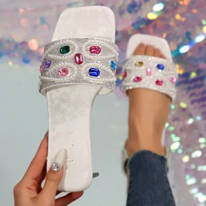 Summer New Women’s Cross Border Casual Sandals Plus Size Rhinestone Beach Shoes with EVA Insole