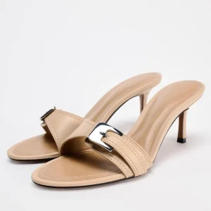Summer New Women’s Elegant Outwear Sandals Beige Leather Mules with Buckle Thin Medium Heel Open Back Counter