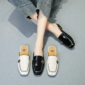 Summer New Women’s Loafers Low-Heeled Square-Toe Shoes Non-Abrasive Simple Sandals Closed-Toe Versatile Flat Sandals