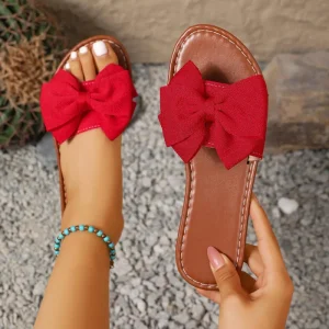 Summer New Women’s Open Toe Sandals and for Large Bow Decorative Flat Non slip Casual Outer Wear Brown Sandalias De Mujer