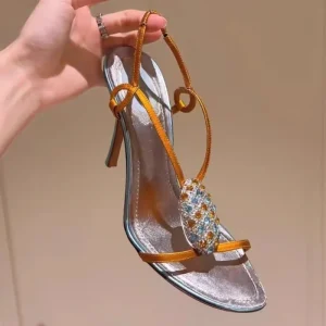 Summer New Women’s Orange Satin Rhinestone Decor Stiletto Heel Sandals Open Toe Ankle Strap Rubber Outsole Fashion Party