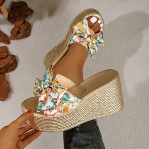 Summer New Women’s Outdoor Slip On Large Size Wedge Heel Bow Thick Sole Platform Flip flops
