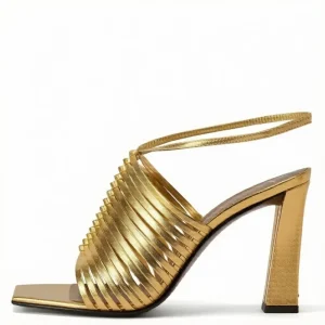 Summer New Women’s Plus Size Fashion Square Toe Ankle Strap Metallic Gold Woven Strap Block Heel Sandals