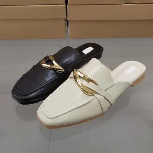 Summer New Women’s Shoes Metal Buckle Closed Toe Slippers Women’s Outer Wear Fashion Casual Back Empty Flat Mules