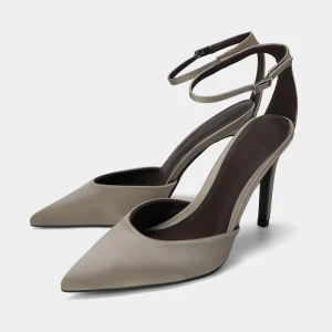 Summer New Women’s Shoes Silk Satin Texture Ankle Strap Decorated Stiletto Heel Pointed Toe Mules Single layer